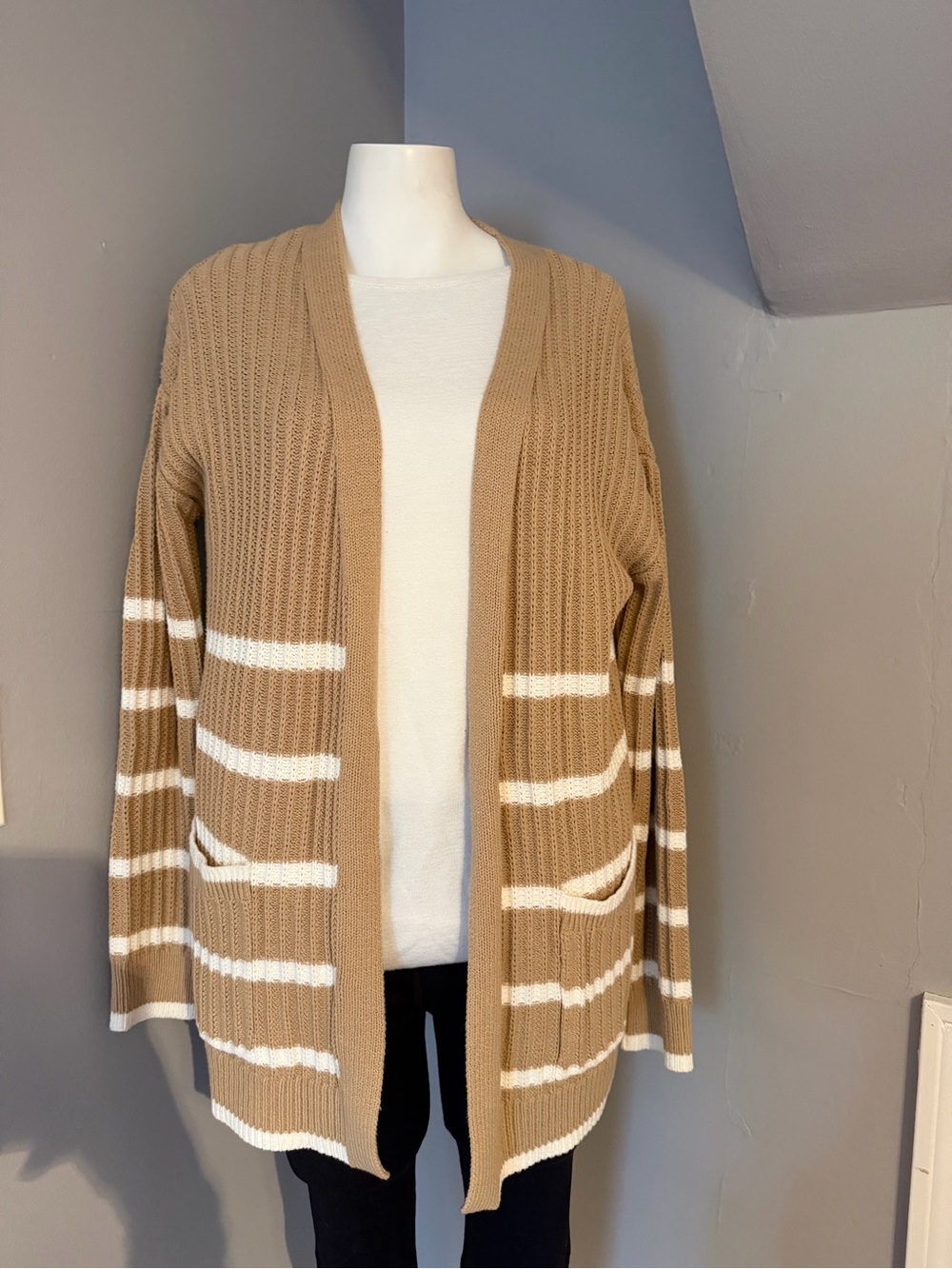 Time and Tru Camel and White Striped Open Cardigan